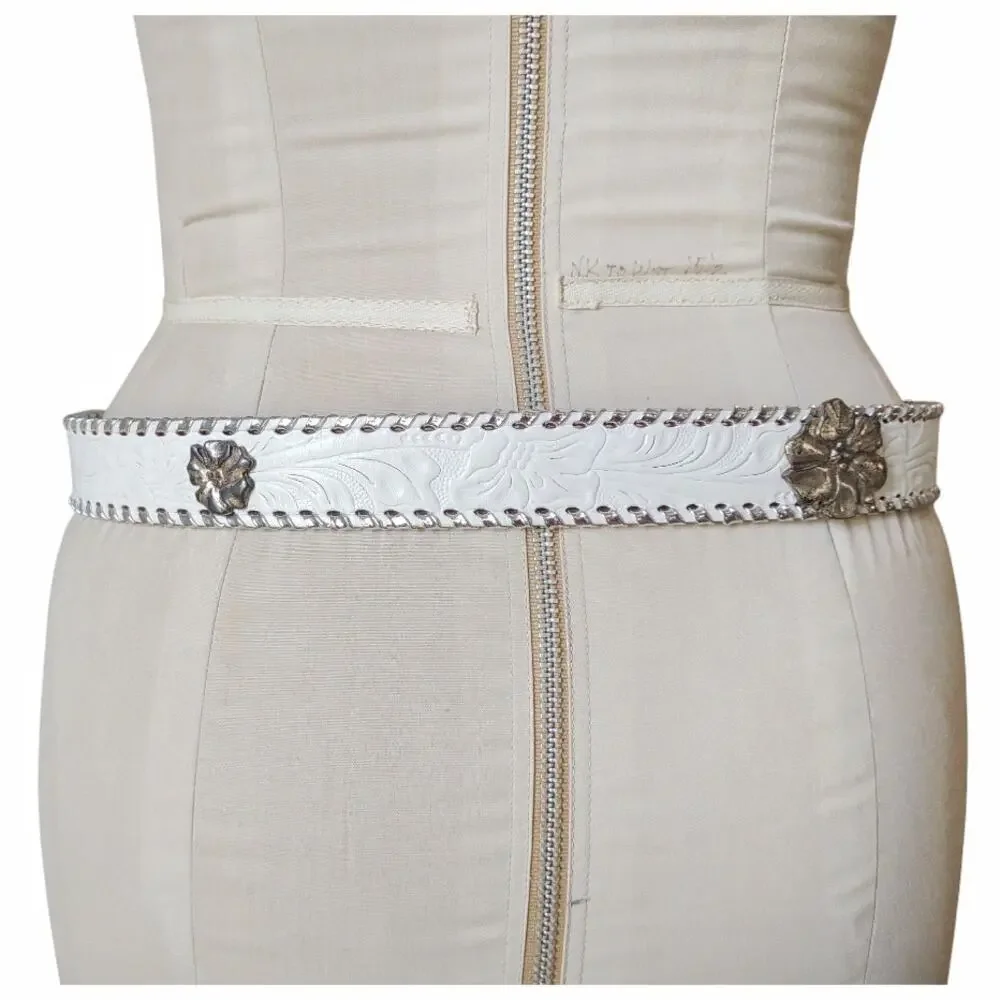Western Tooled Leather Belt Size L Metallic Silver Braid with Flower Hardware